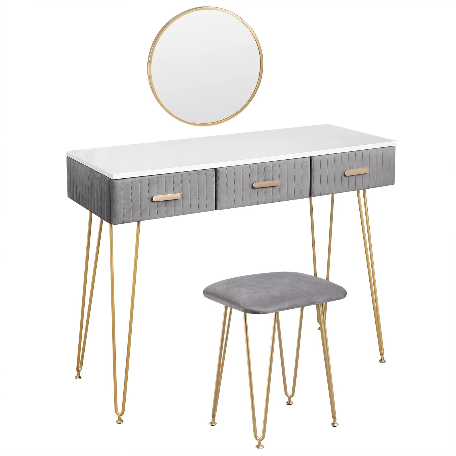 Contemporary Makeup Vanity Table with Stool, Mirror, and Drawers for Bedroom - Available in Pink and Grey