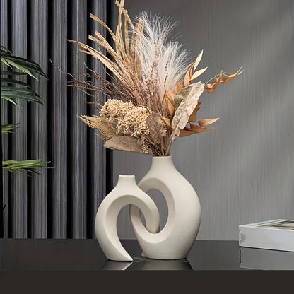 Nordic Modern Ceramic Vase Set of 2 for Contemporary Home Decor, Boho-Inspired Hollow Flower Vases for Living Room and Bookshelf