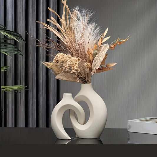 Nordic Modern Ceramic Vase Set of 2 for Contemporary Home Decor, Boho-Inspired Hollow Flower Vases for Living Room and Bookshelf
