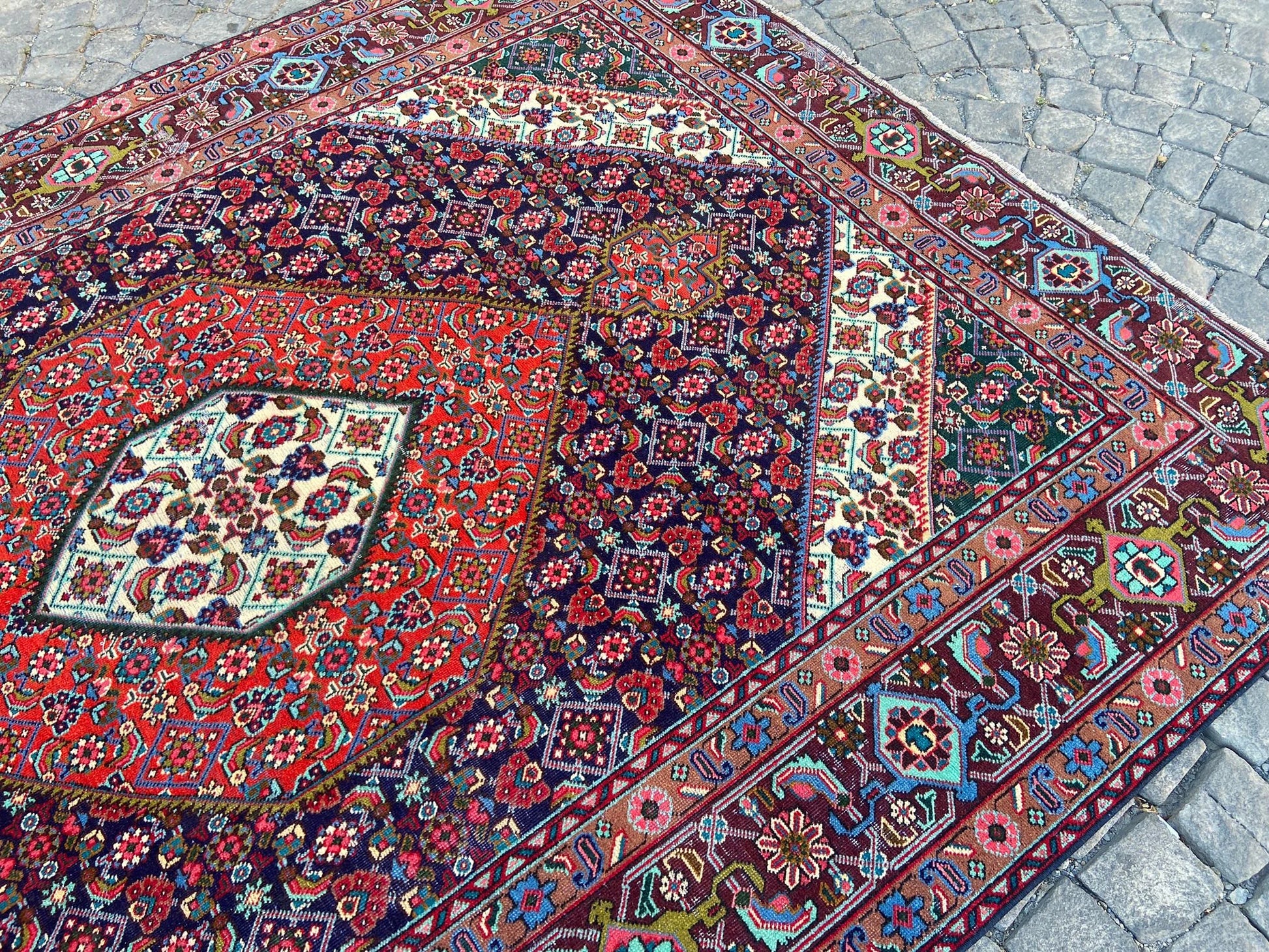 Persian Handcrafted Large Flower Rug, 6.3x9 Feet Vintage Wool Area Rug for Living Room, Unique Antique Floor Covering