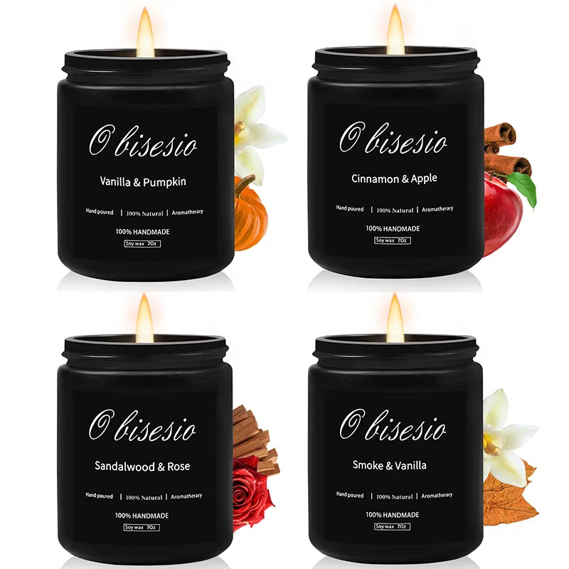 Aromatherapy Scented Candle Set for Men - Cinnamon, Apple, Vanilla, and Pumpkin Soy Candles for Home Use